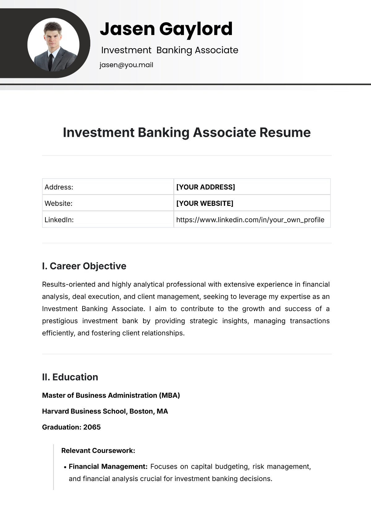 Investment Banking Associate Resume Template - Edit Online & Download