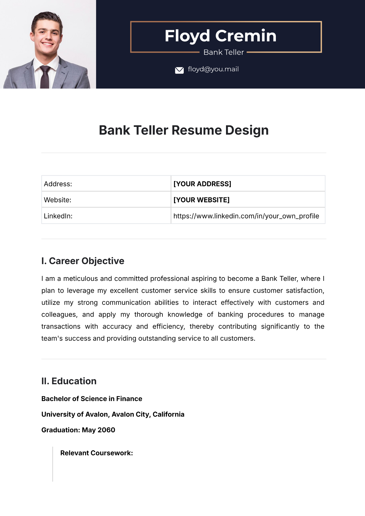 Bank Teller Resume Design Template - Edit Online & Download