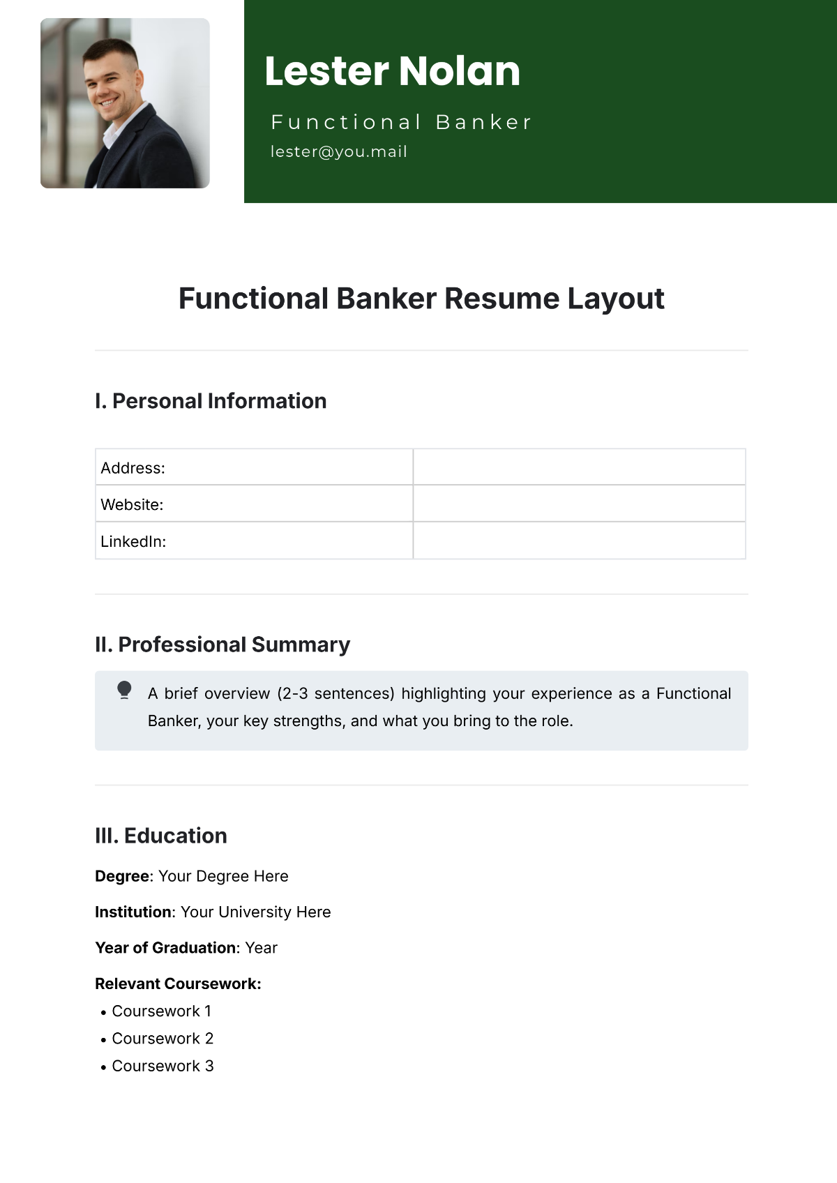 Functional Banker Resume Layout Template - Edit Online & Download