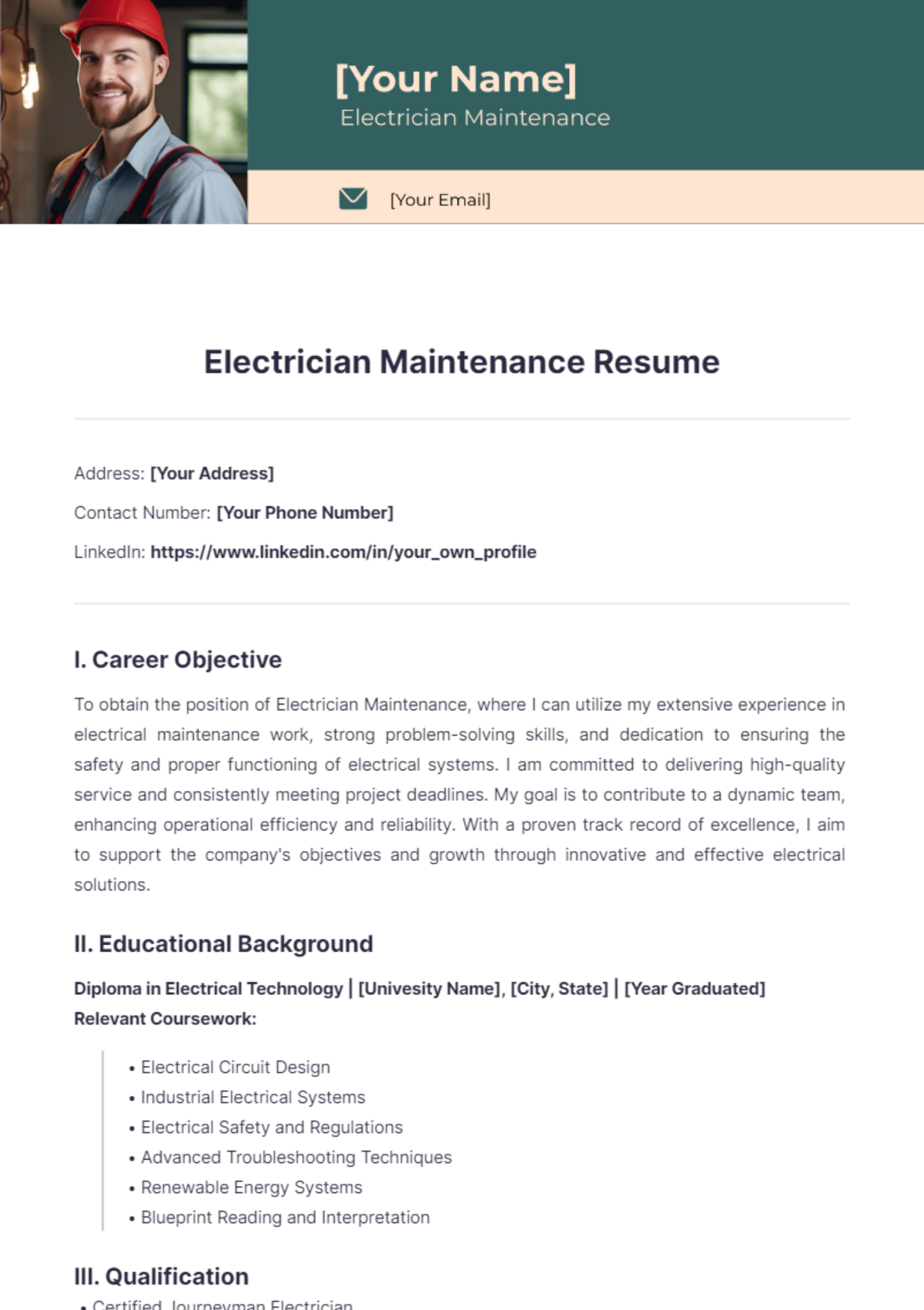 Electrician Maintenance Resume - Edit Online & Download