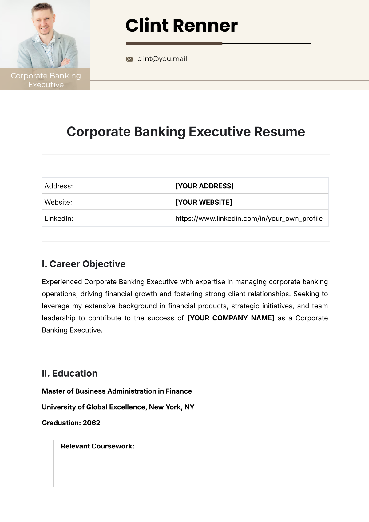 Corporate Banking Executive Resume Template - Edit Online & Download