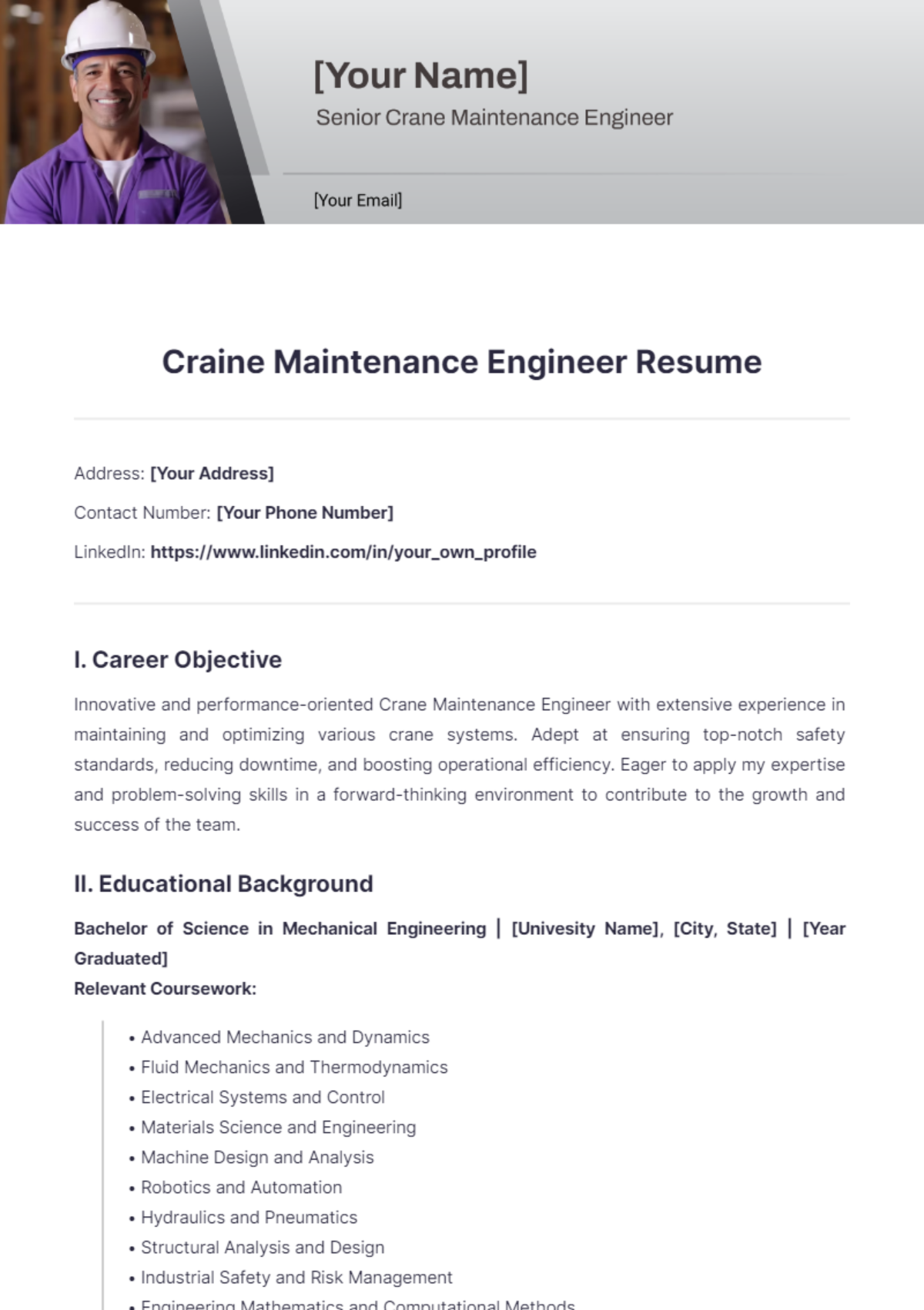 Crane Maintenance Engineer Resume - Edit Online & Download