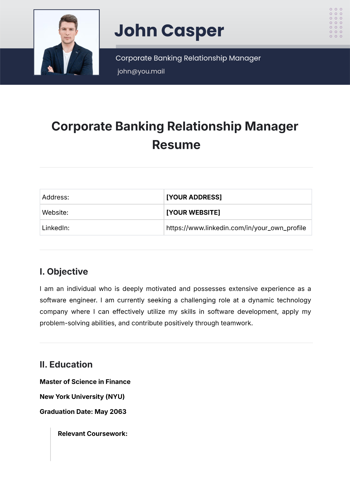 Corporate Banking Relationship Manager Resume Template - Edit Online & Download