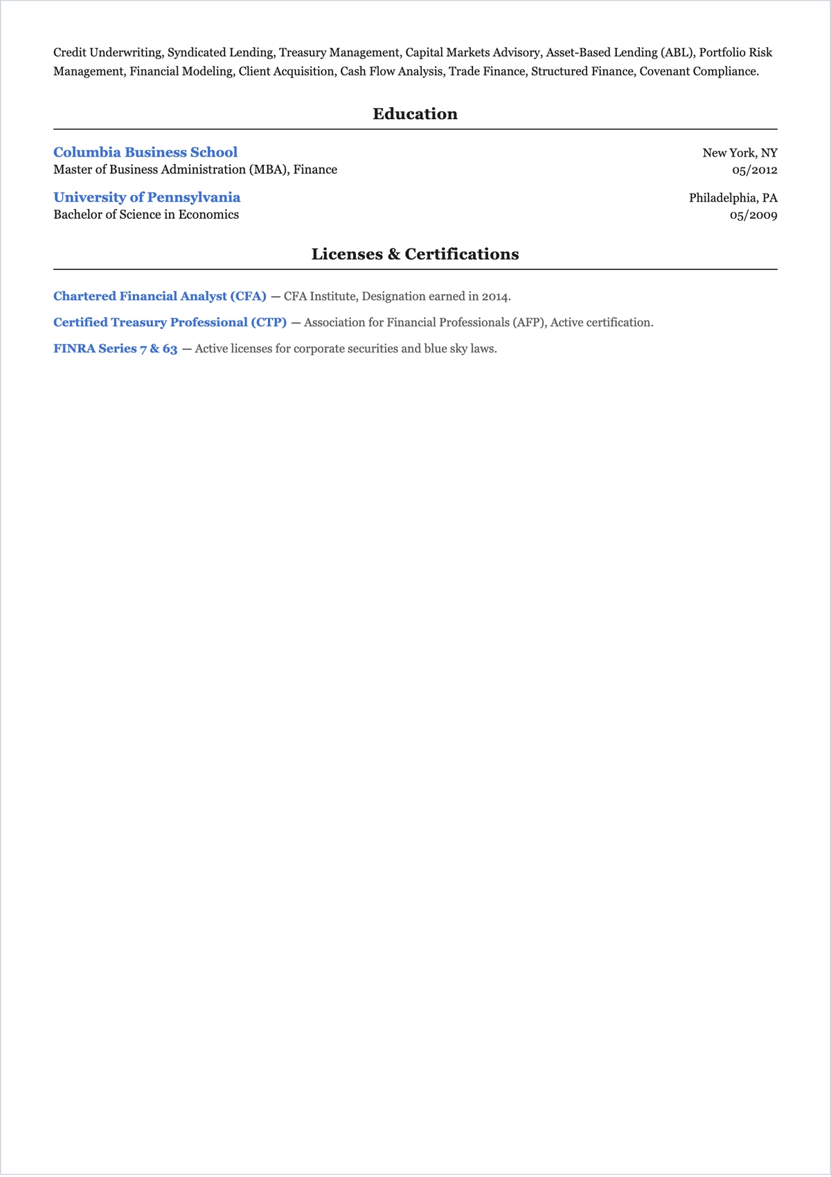 Free Corporate Banking Relationship Manager ATS Resume Template