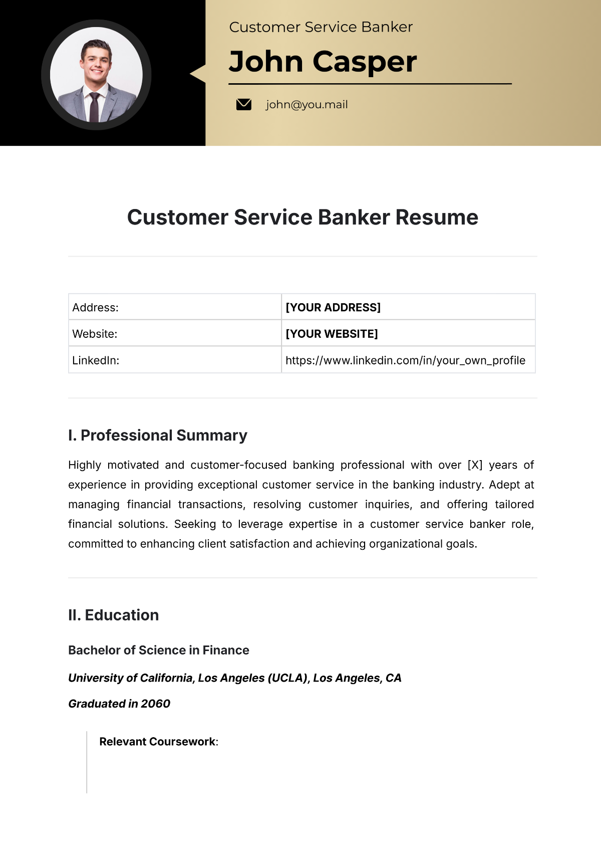 Customer Service Banker Resume Template - Edit Online & Download