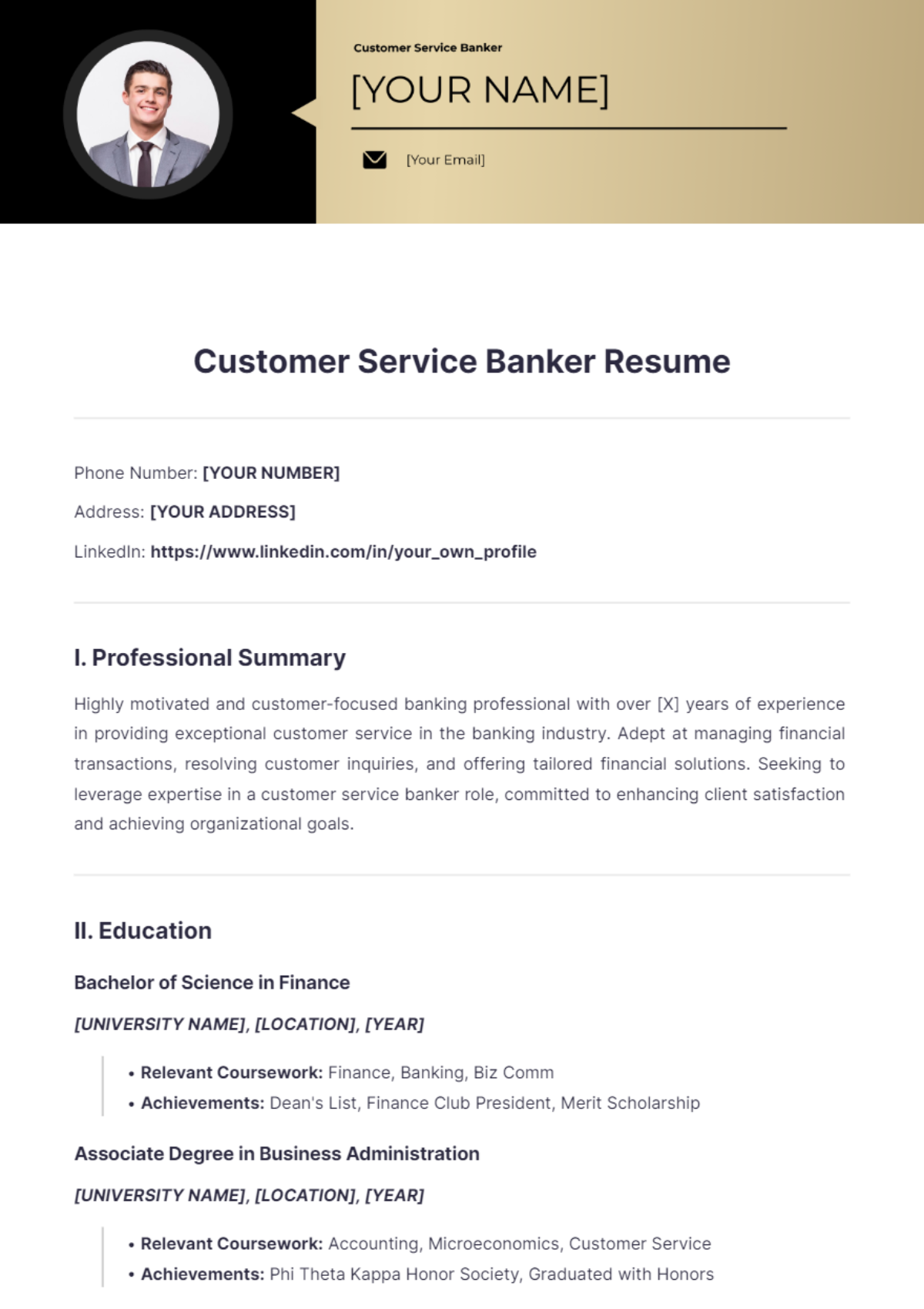 Customer Service Banker Resume - Edit Online & Download