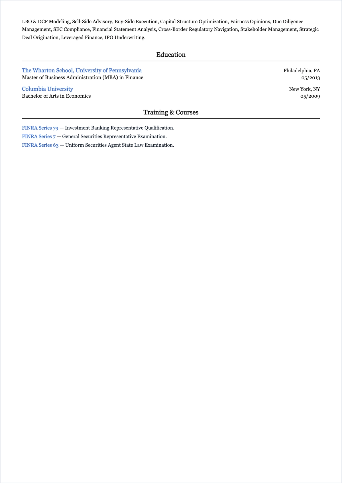 Free Vice President Investment Banking ATS Resume Template