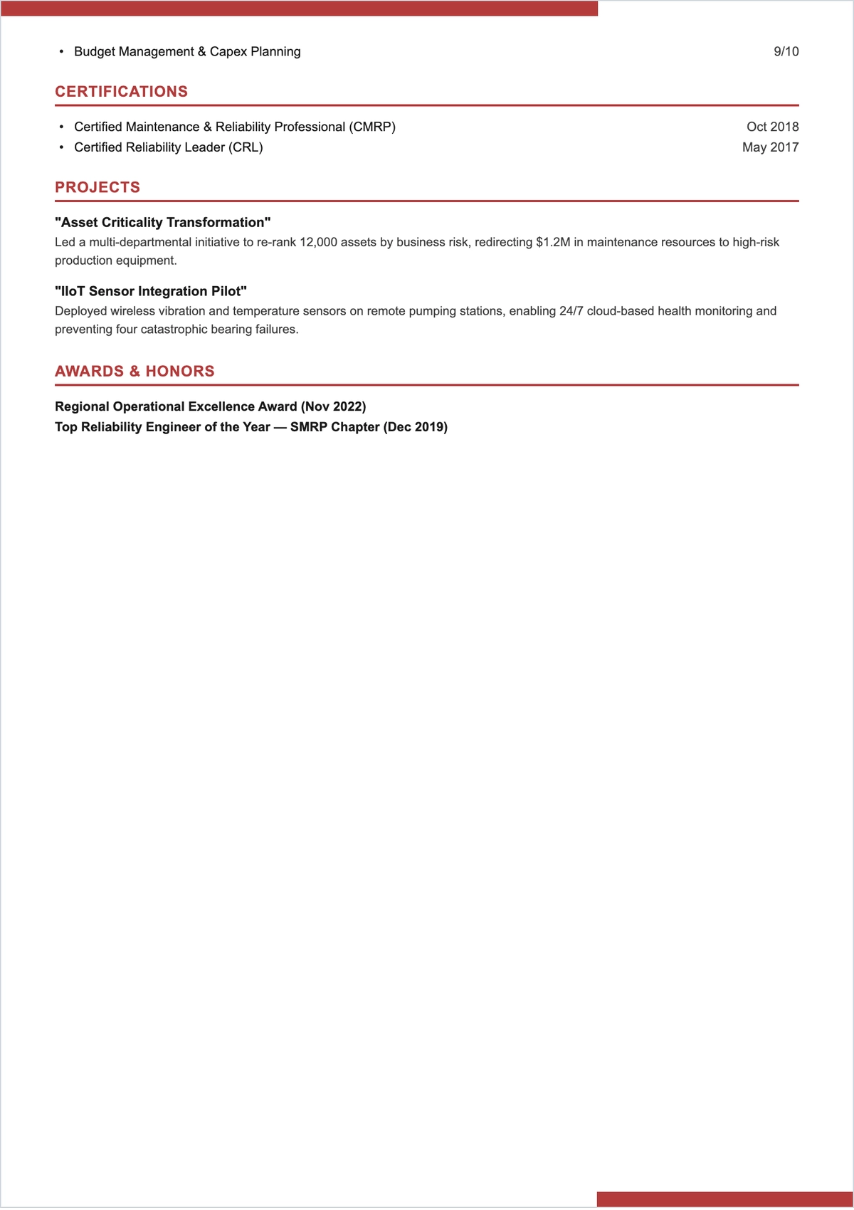Free Maintenance Reliability Engineer ATS Resume Template