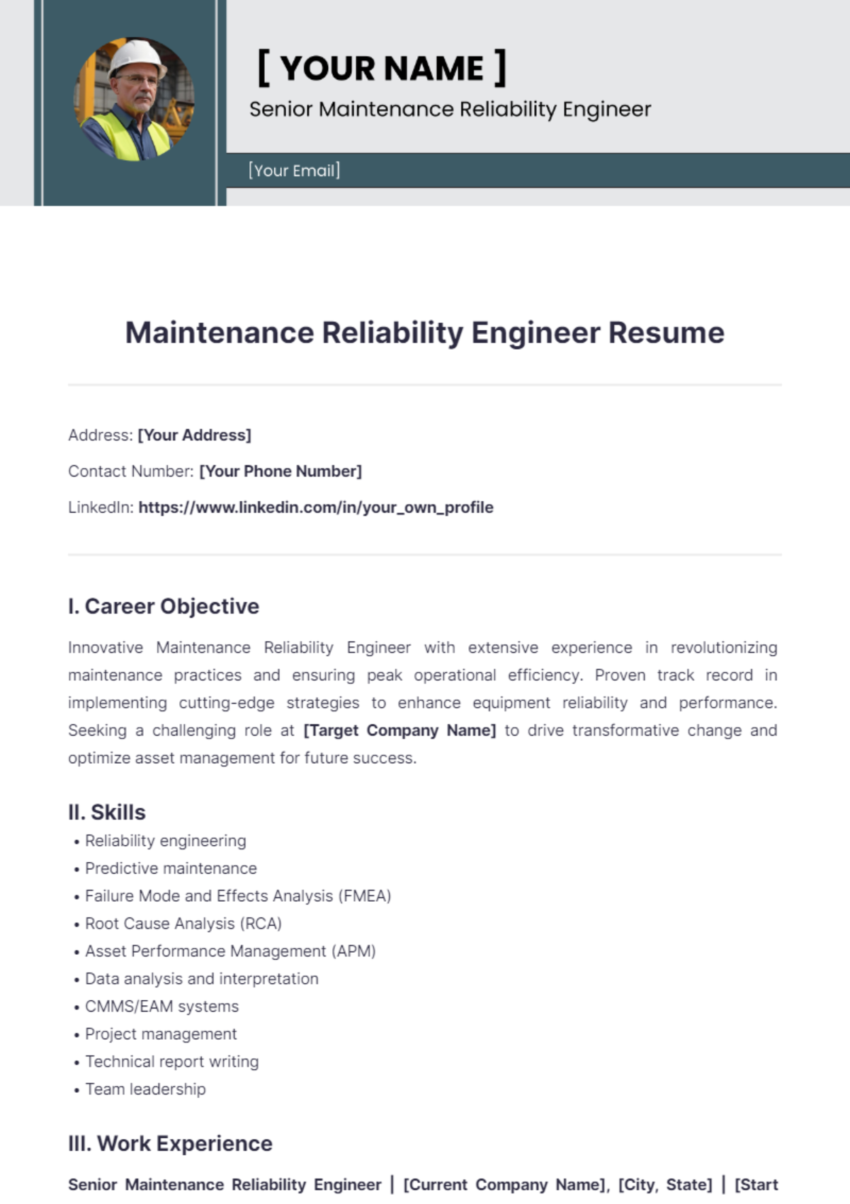 Maintenance Reliability Engineer Resume - Edit Online & Download