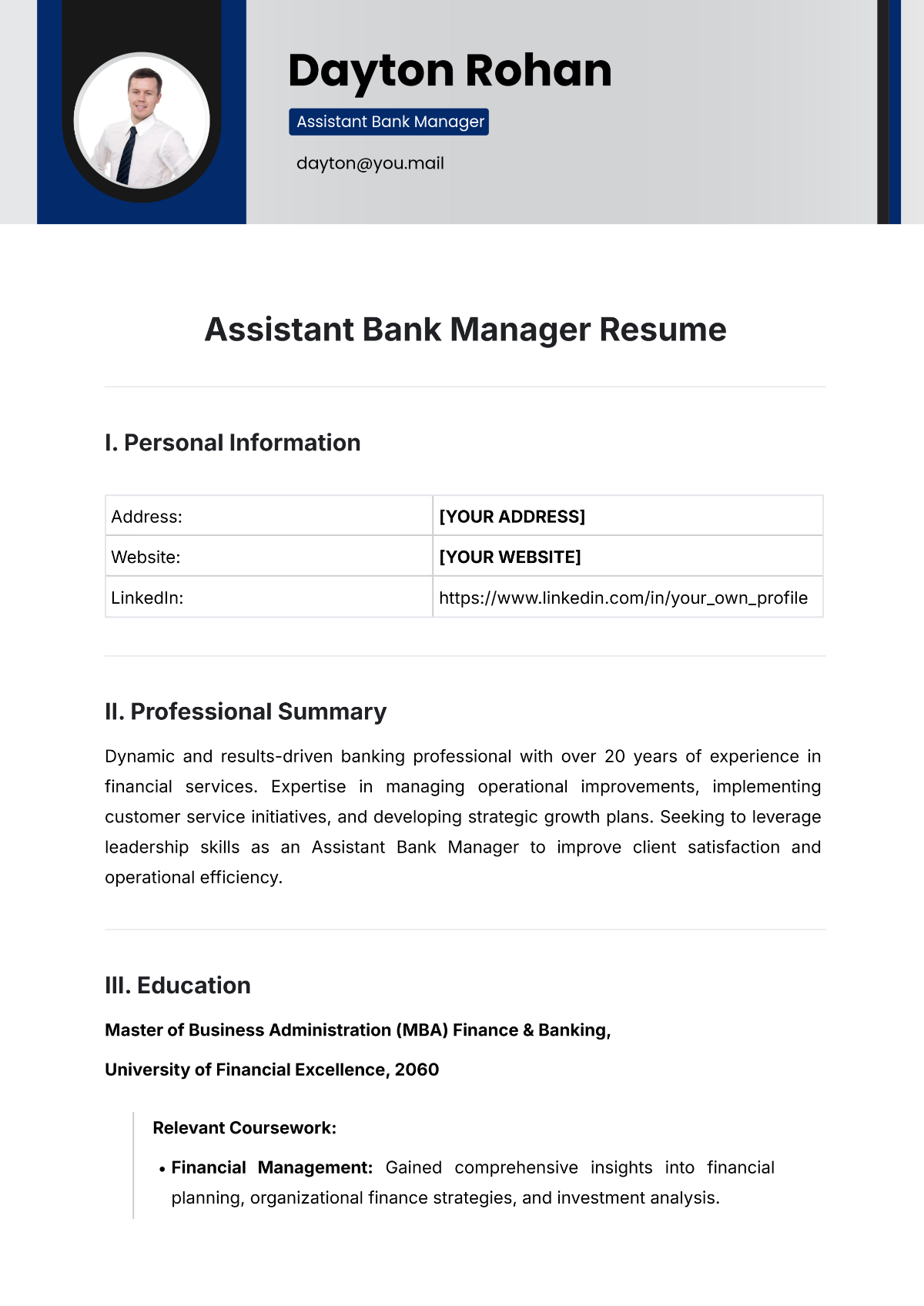 Assistant Bank Manager Resume Template - Edit Online & Download