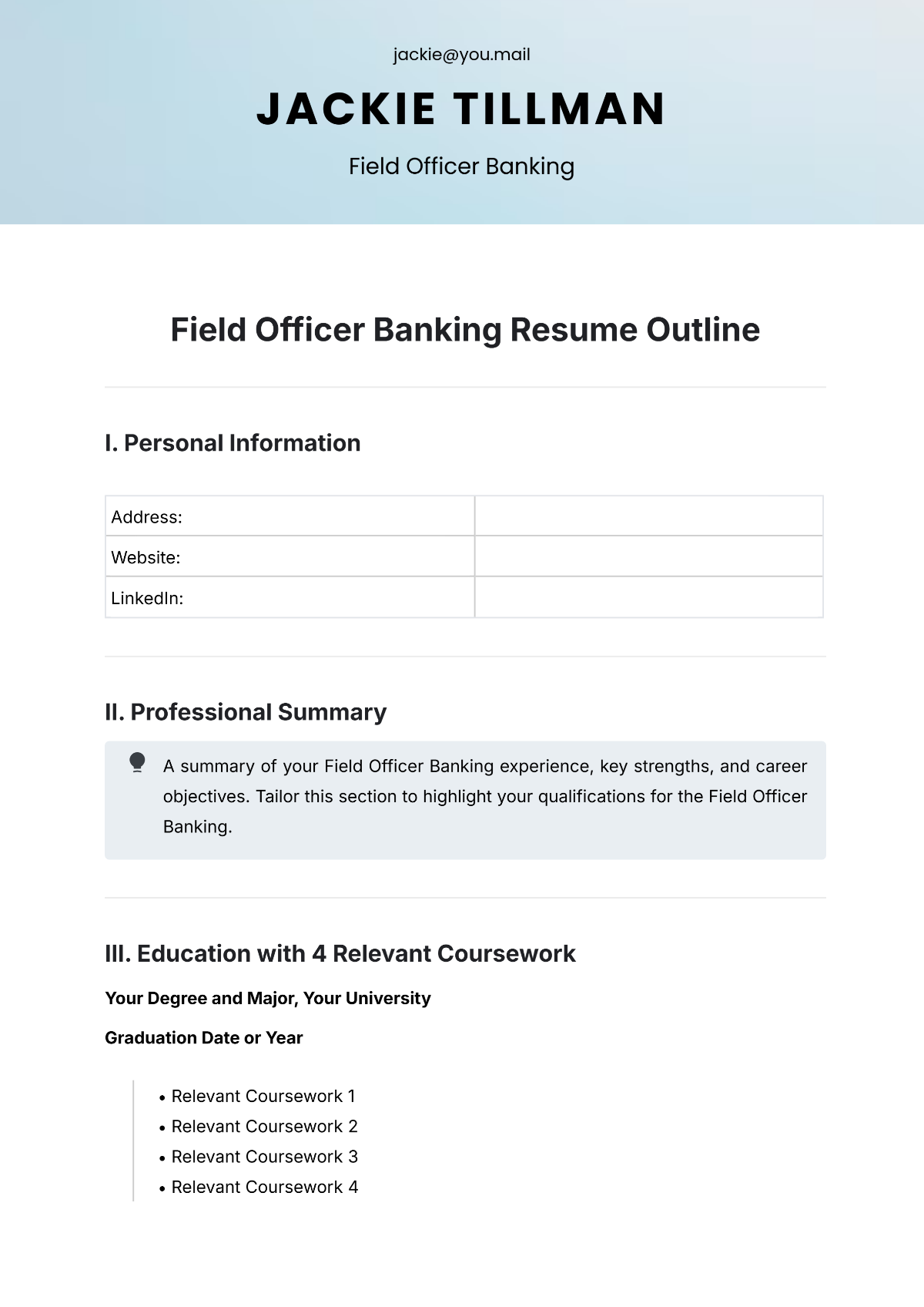 Field Officer Banking Resume Outline Template - Edit Online & Download