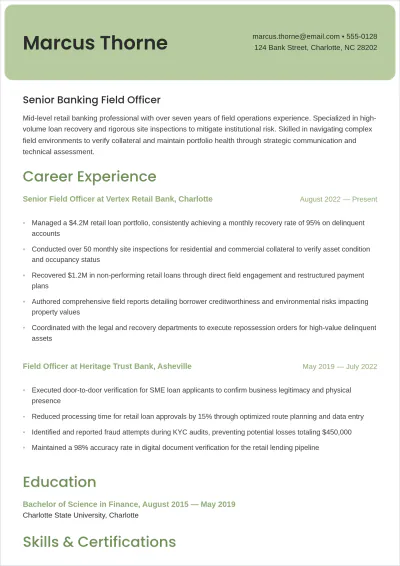 Free Field Officer Banking ATS Resume Template, AI Resume Builder