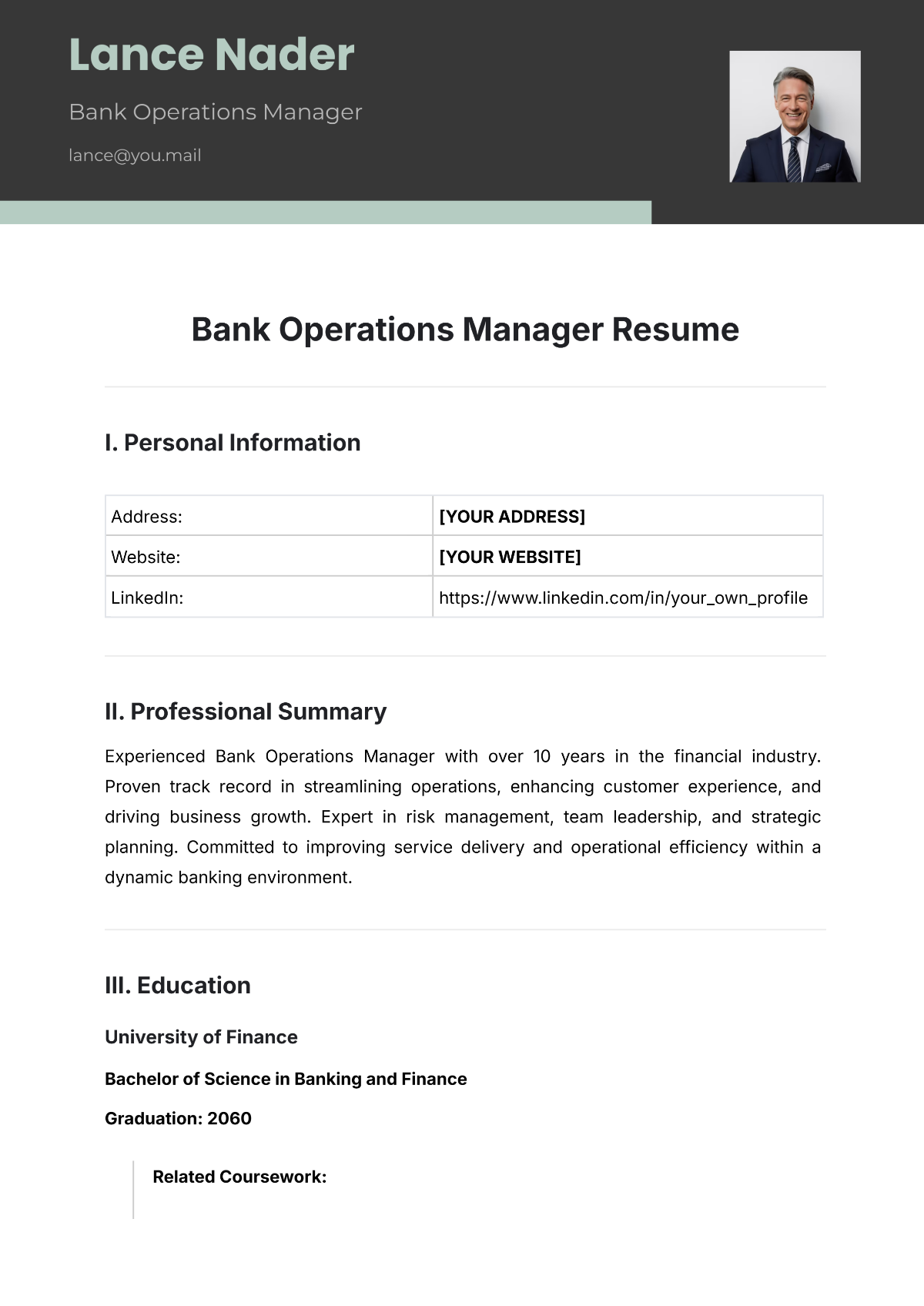 Bank Operations Manager Resume Template - Edit Online & Download