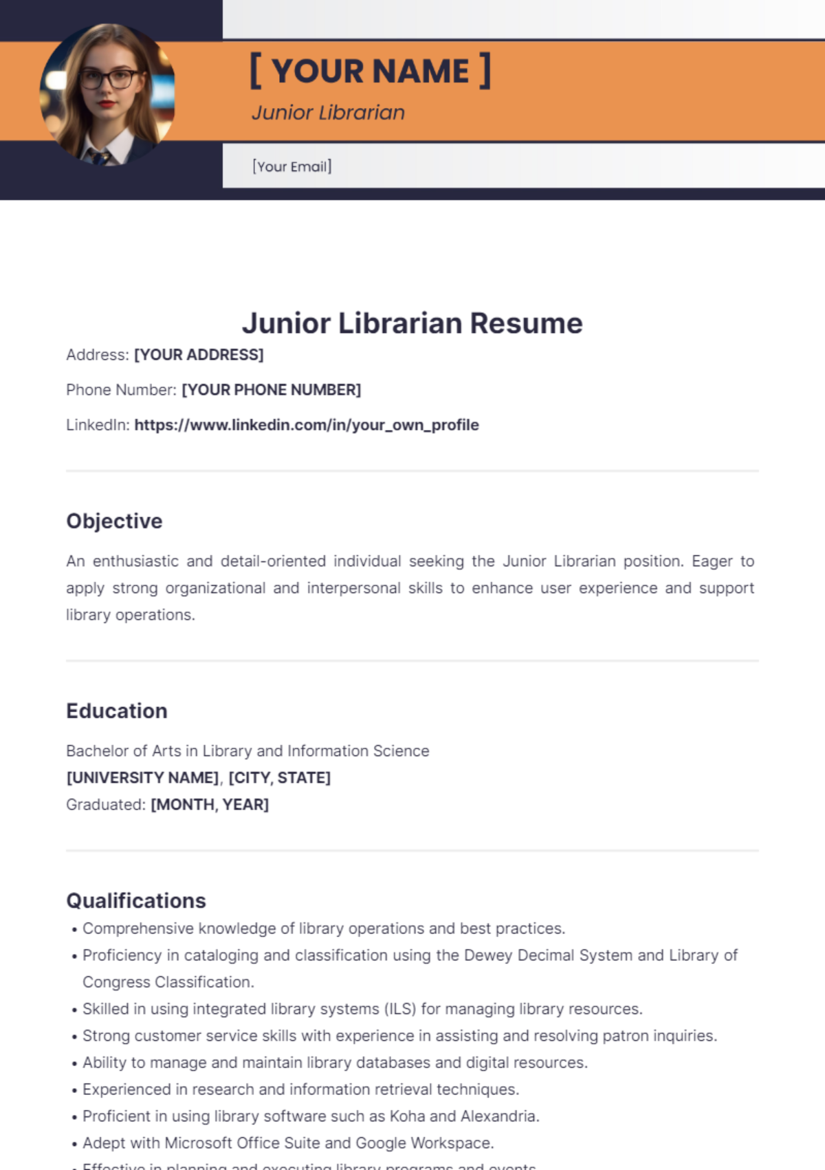 Junior Librarian Resume - Edit Online & Download