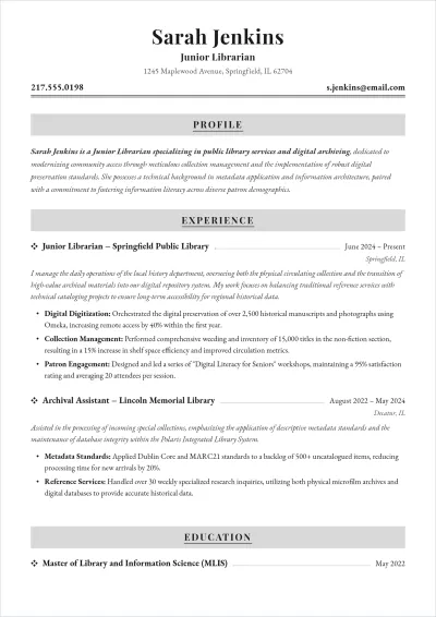 Free Junior Librarian ATS Resume Template, AI Resume Builder