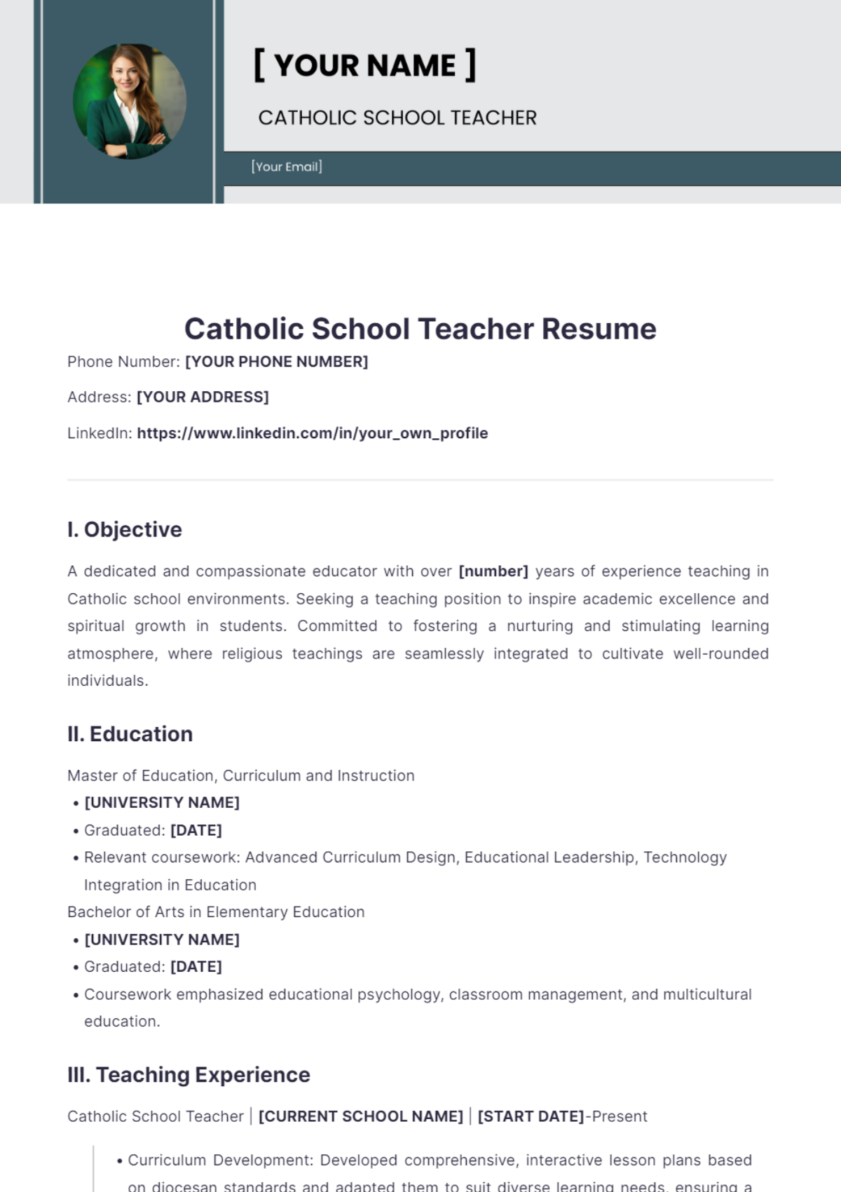 Catholic School Teacher Resume - Edit Online & Download