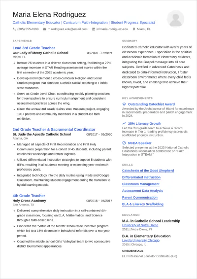 Free Catholic School Teacher ATS Resume Template, AI Resume Builder