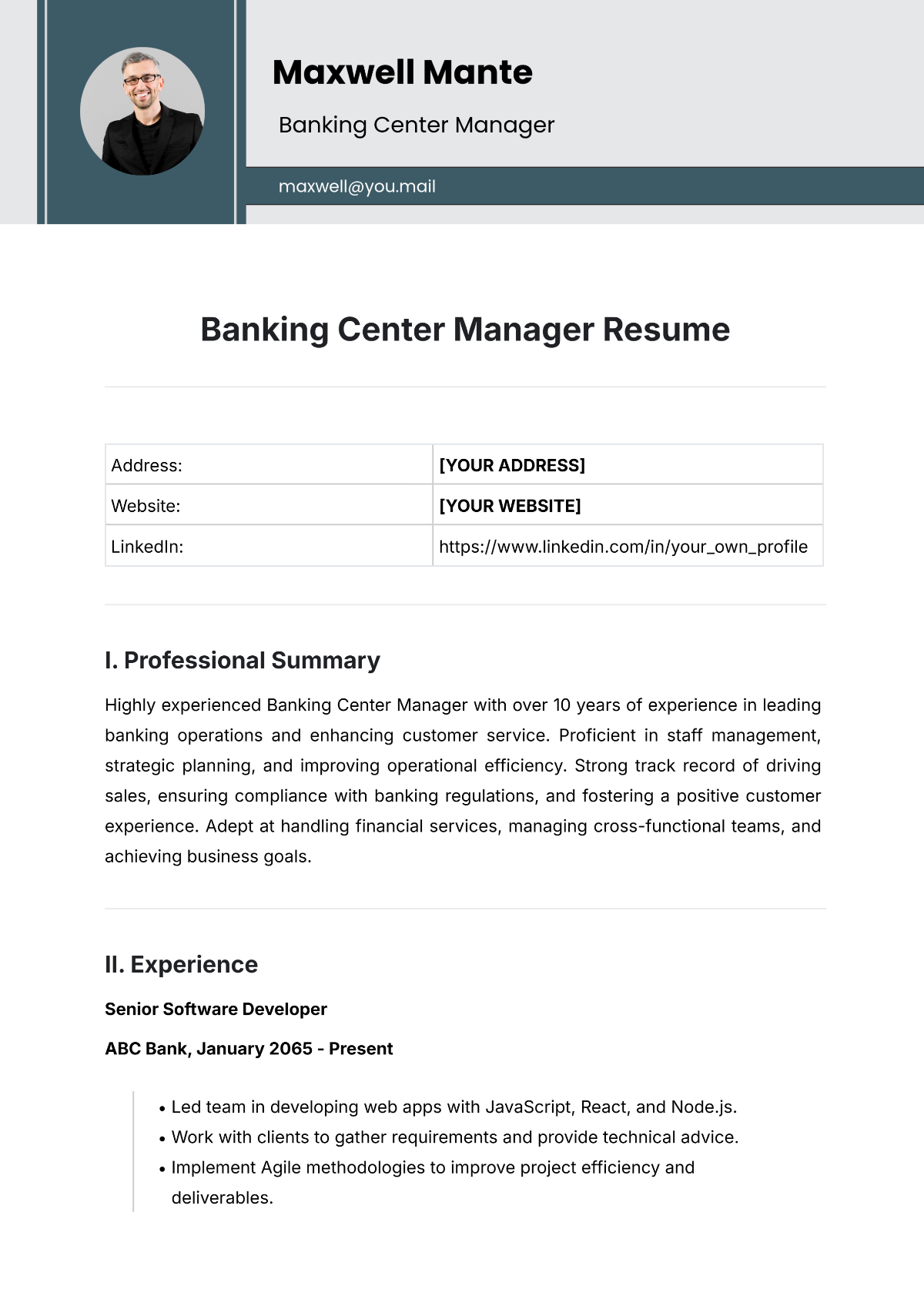 Banking Center Manager Resume Template - Edit Online & Download