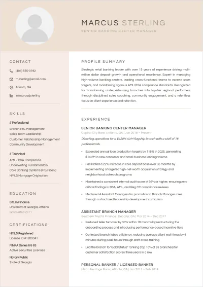 Free Banking Center Manager ATS Resume Template, AI Resume Builder