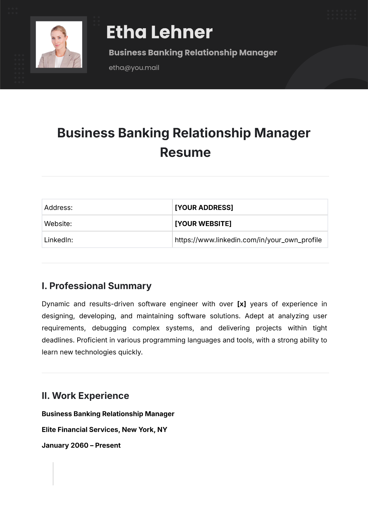 Business Banking Relationship Manager Resume Template - Edit Online & Download