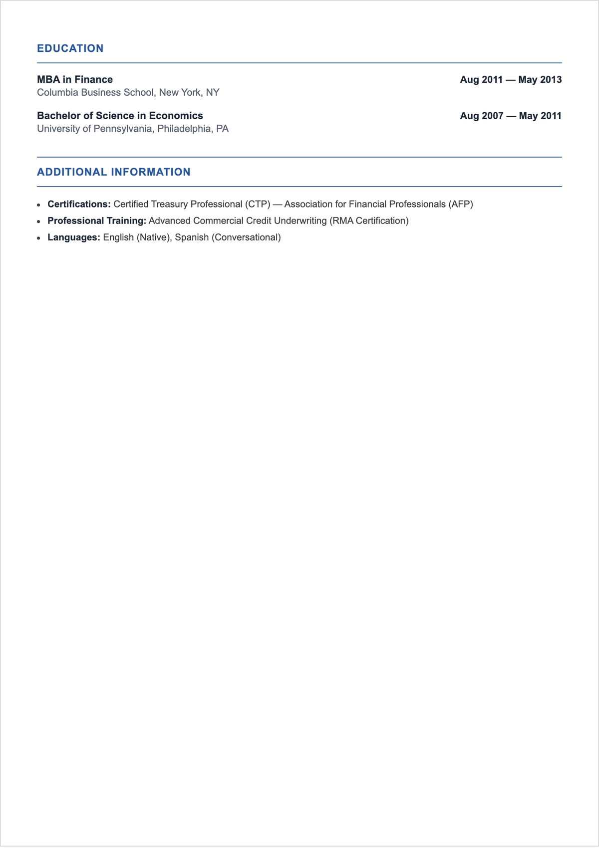 Free Business Banking Relationship Manager ATS Resume Template