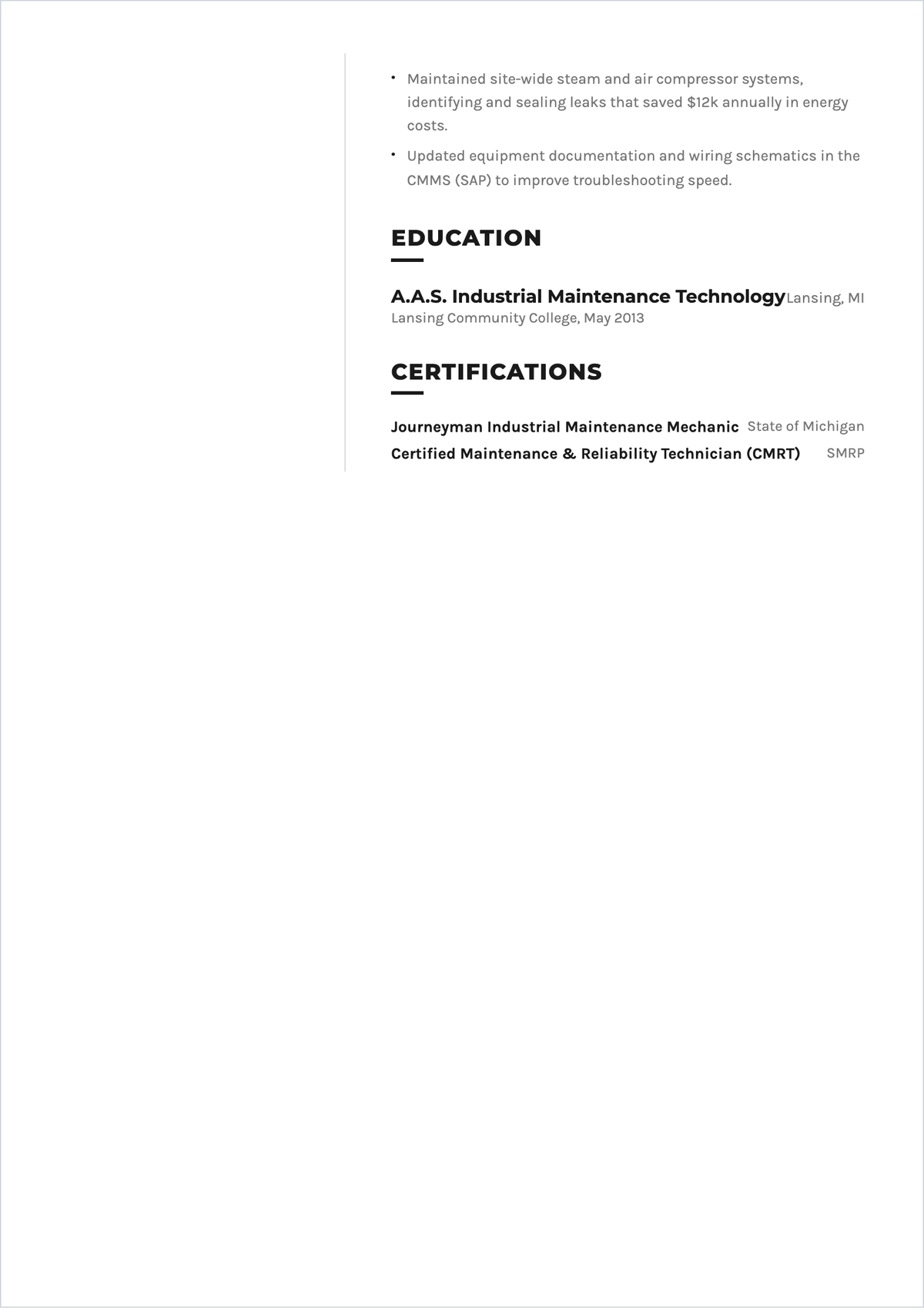 Free Multicraft Maintenance Technician ATS Resume Template