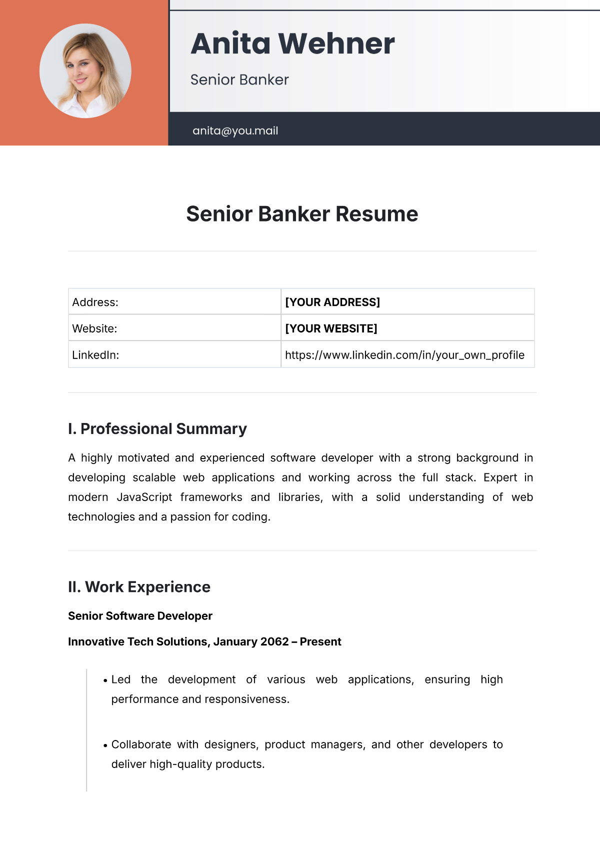 Senior Banker Resume Template - Edit Online & Download