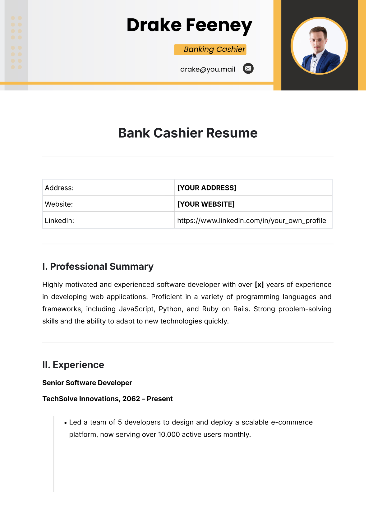 Bank Cashier Resume Template - Edit Online & Download