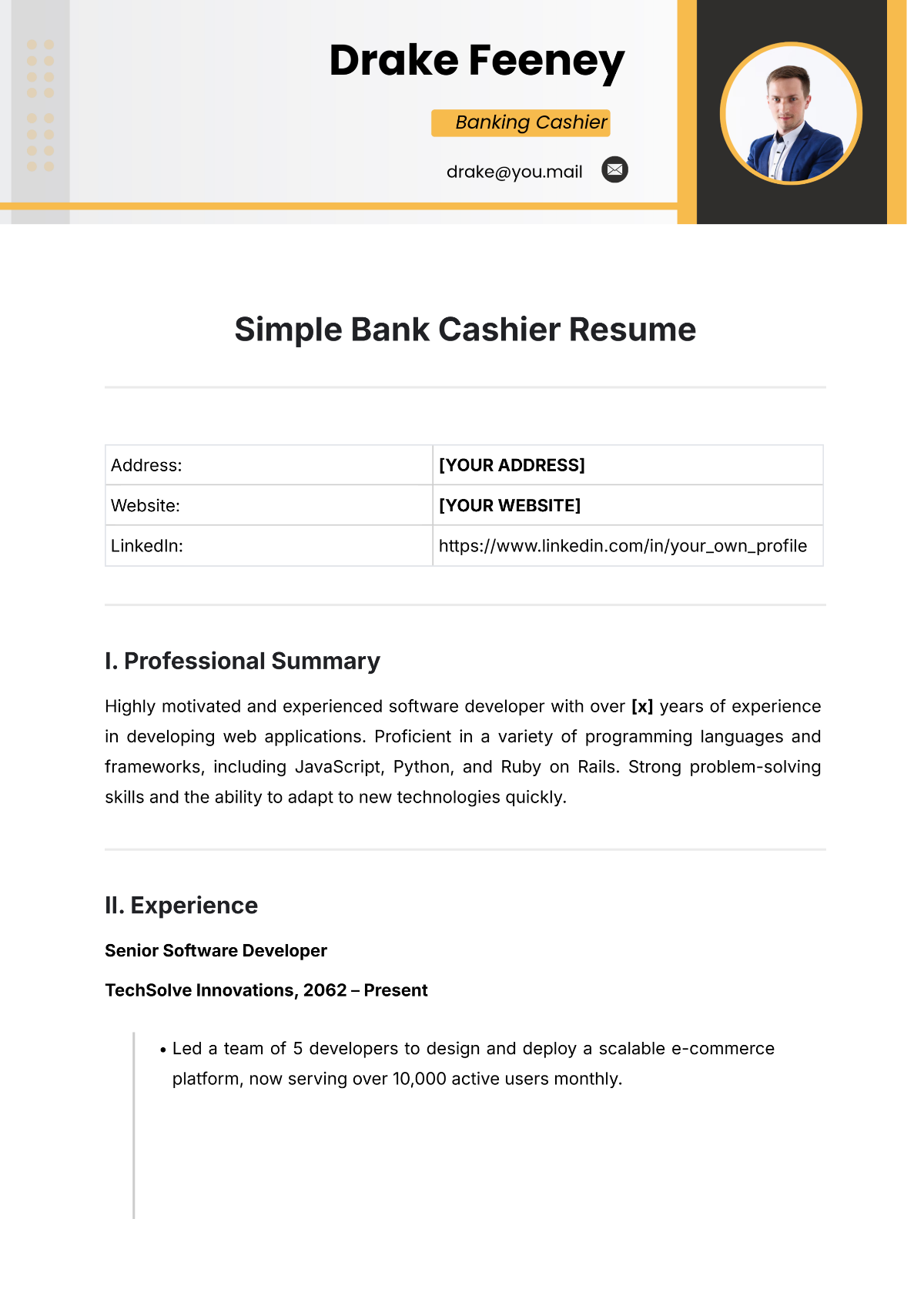 Simple Bank Cashier Resume Template