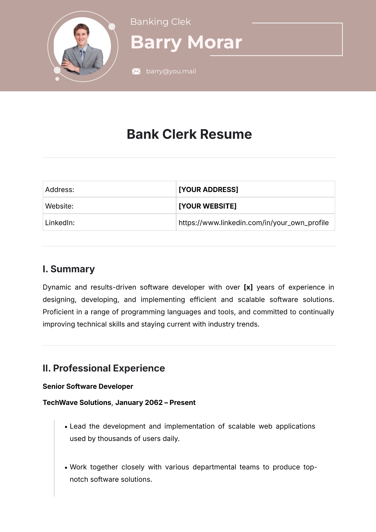 Bank Clerk Resume Template - Edit Online & Download