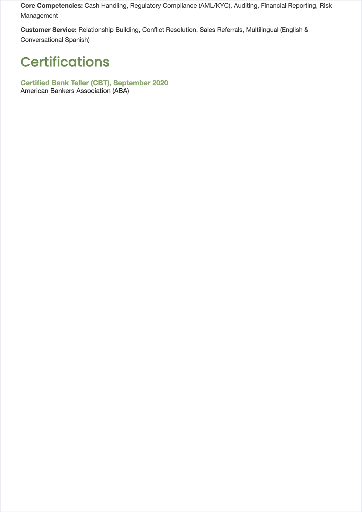 Free Bank Clerk ATS Resume Template, AI Resume Builder