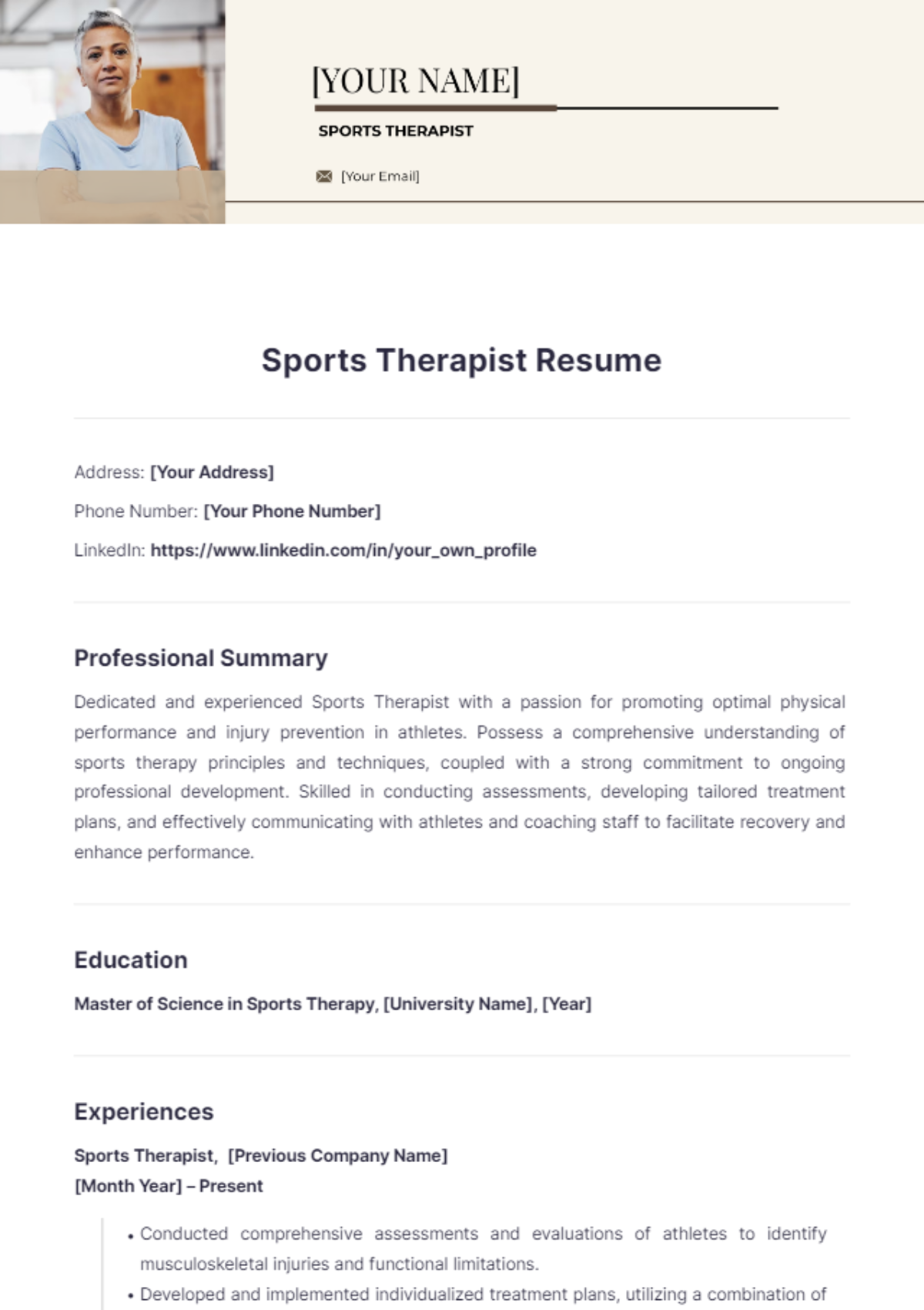 Sports Therapist Resume - Edit Online & Download