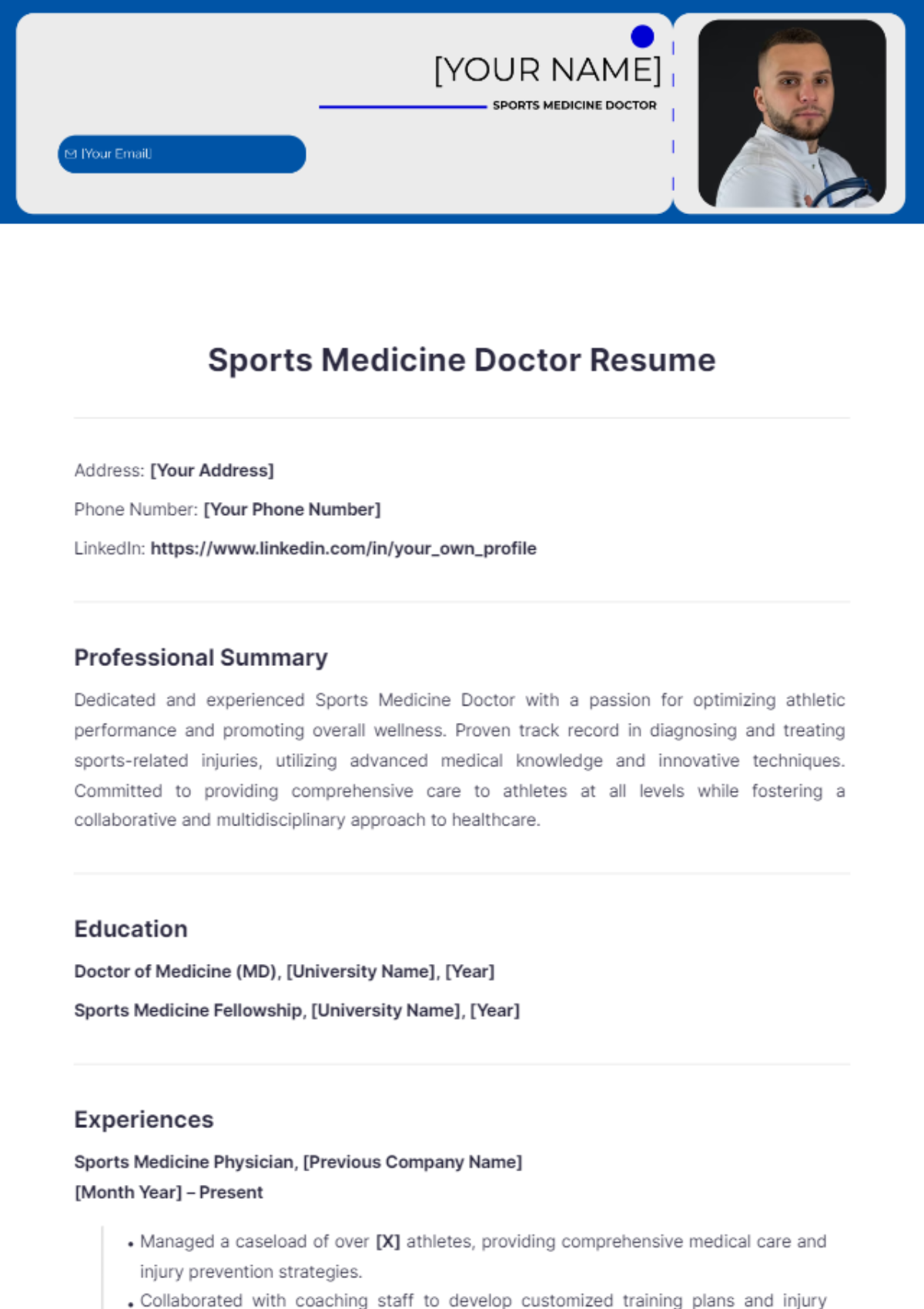 Sports Medicine Doctor Resume - Edit Online & Download