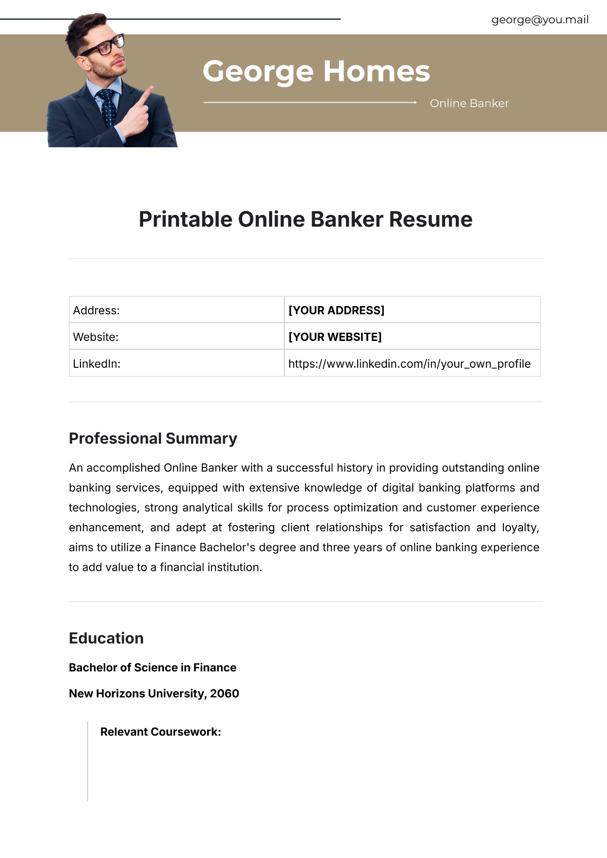 Printable Online Banker Resume Template - Edit Online & Download