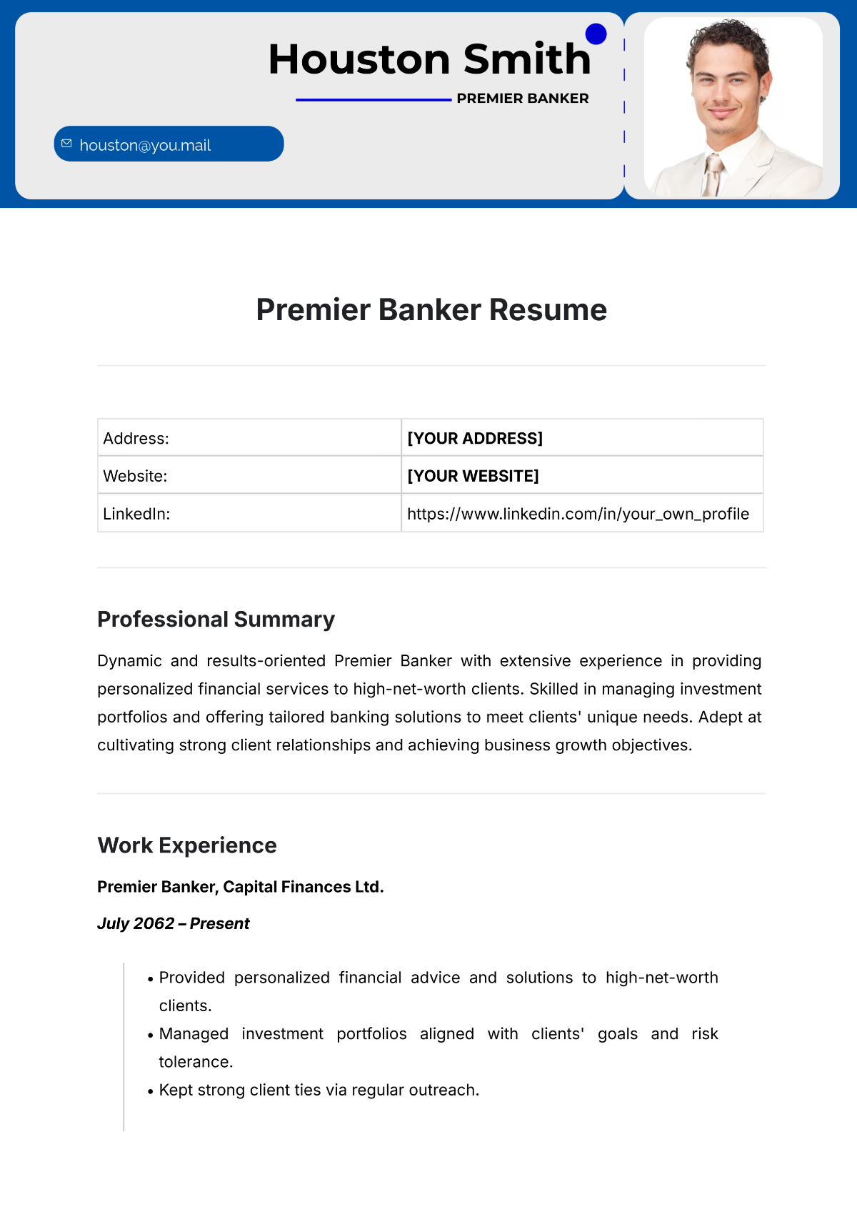 Premier Banker Resume Template - Edit Online & Download