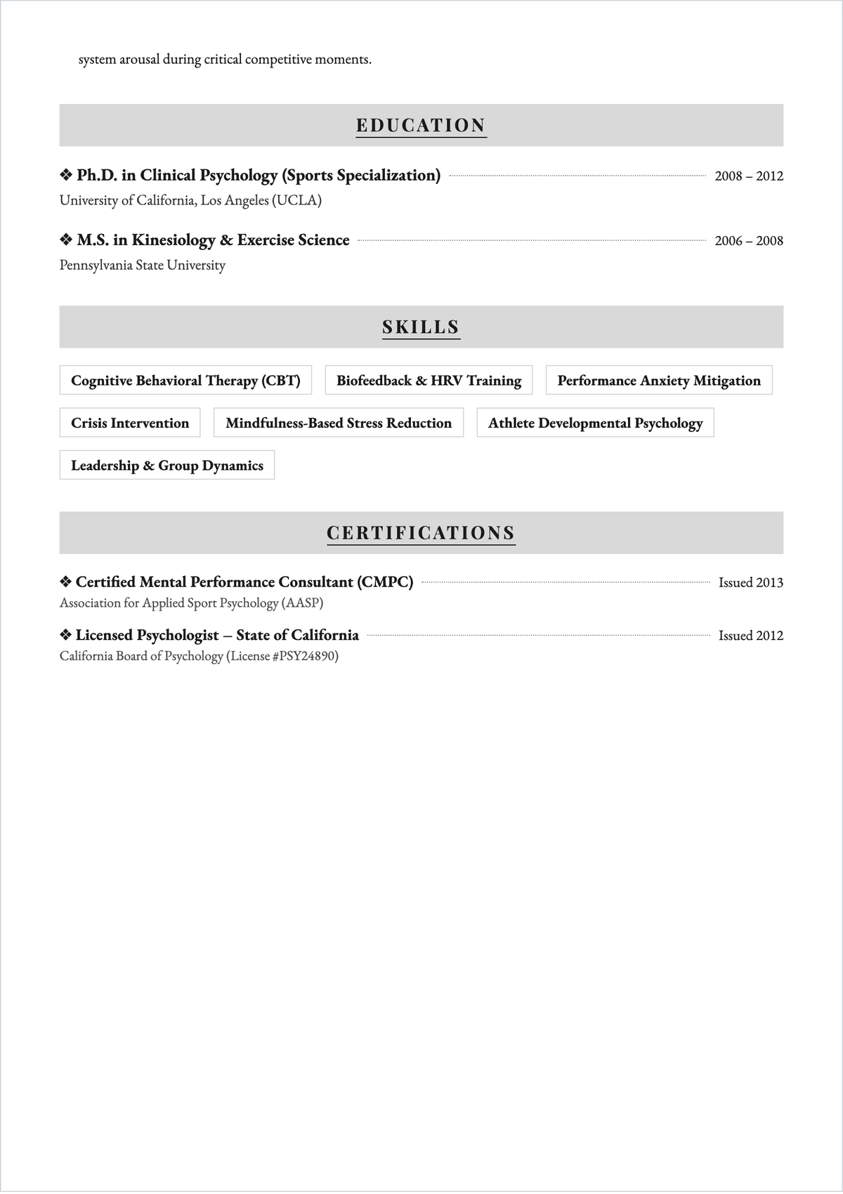 Free Sports Psychologist ATS Resume Template, AI Resume Builder