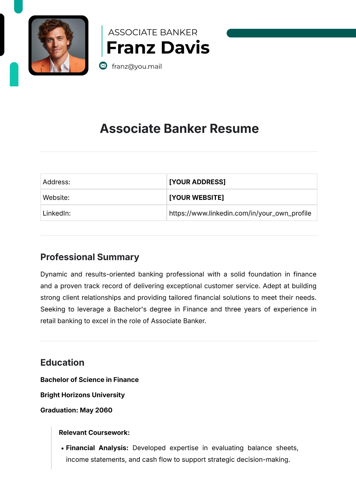 Associate Banker Resume Template - Edit Online & Download