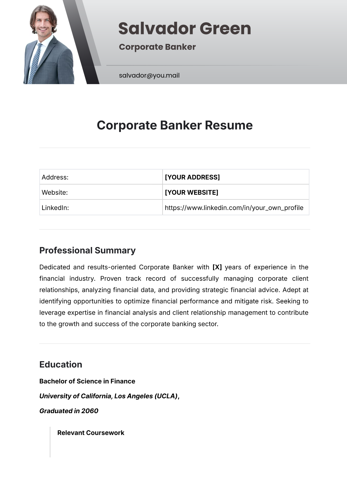 Corporate Banker Resume Template - Edit Online & Download