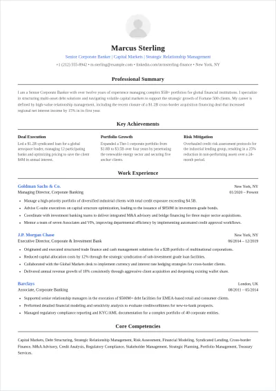 Free Corporate Banker ATS Resume Template, AI Resume Builder