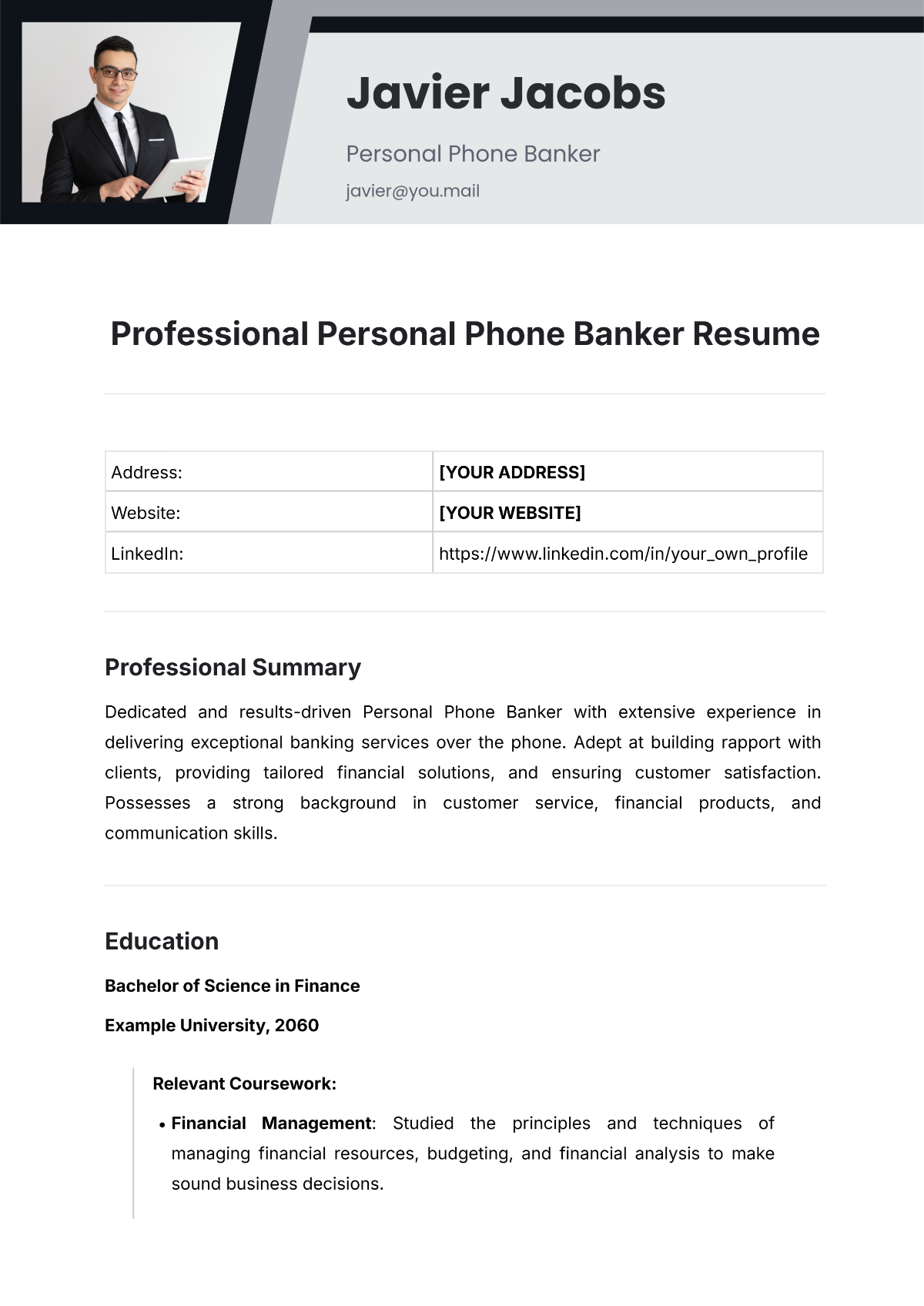 Professional Personal Phone Banker Resume Template - Edit Online & Download