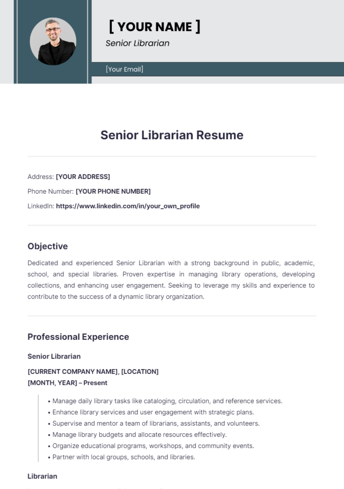 Senior Librarian Resume - Edit Online & Download