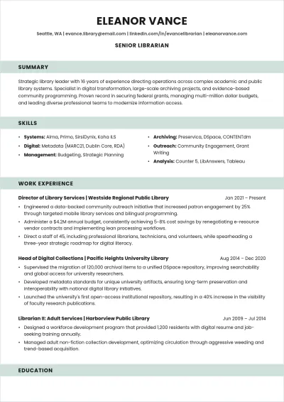 Free Senior Librarian ATS Resume Template, AI Resume Builder