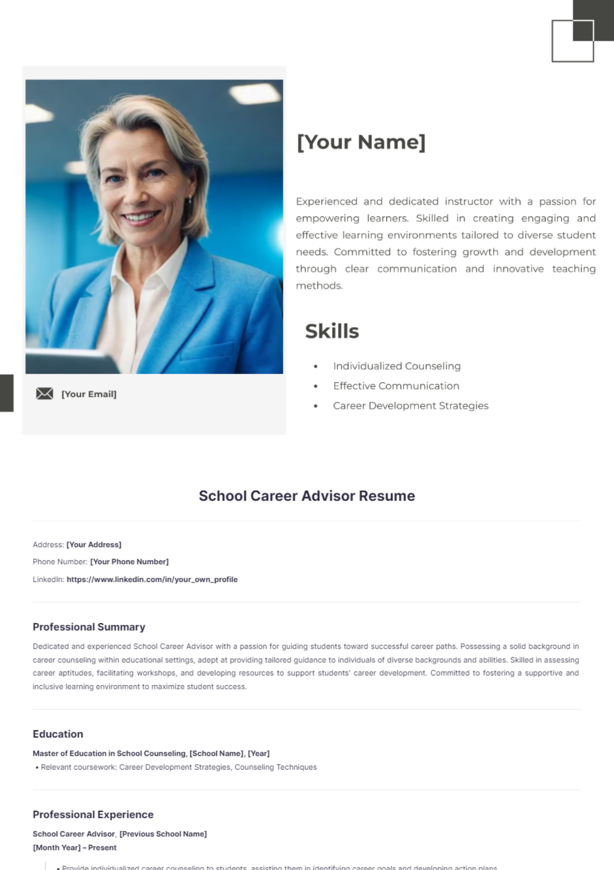 School Career Advisor Resume - Edit Online & Download