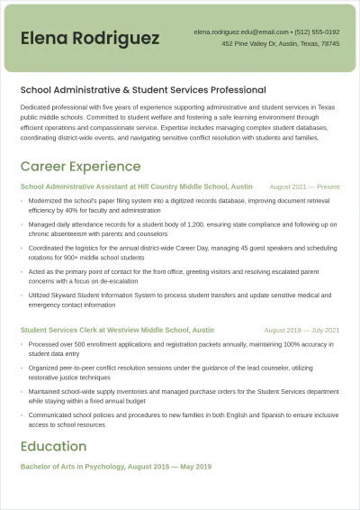 Free School Support Staff ATS Resume Template, AI Resume Builder