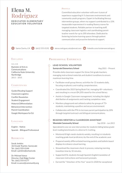 Free School Volunteer ATS Resume Template, AI Resume Builder