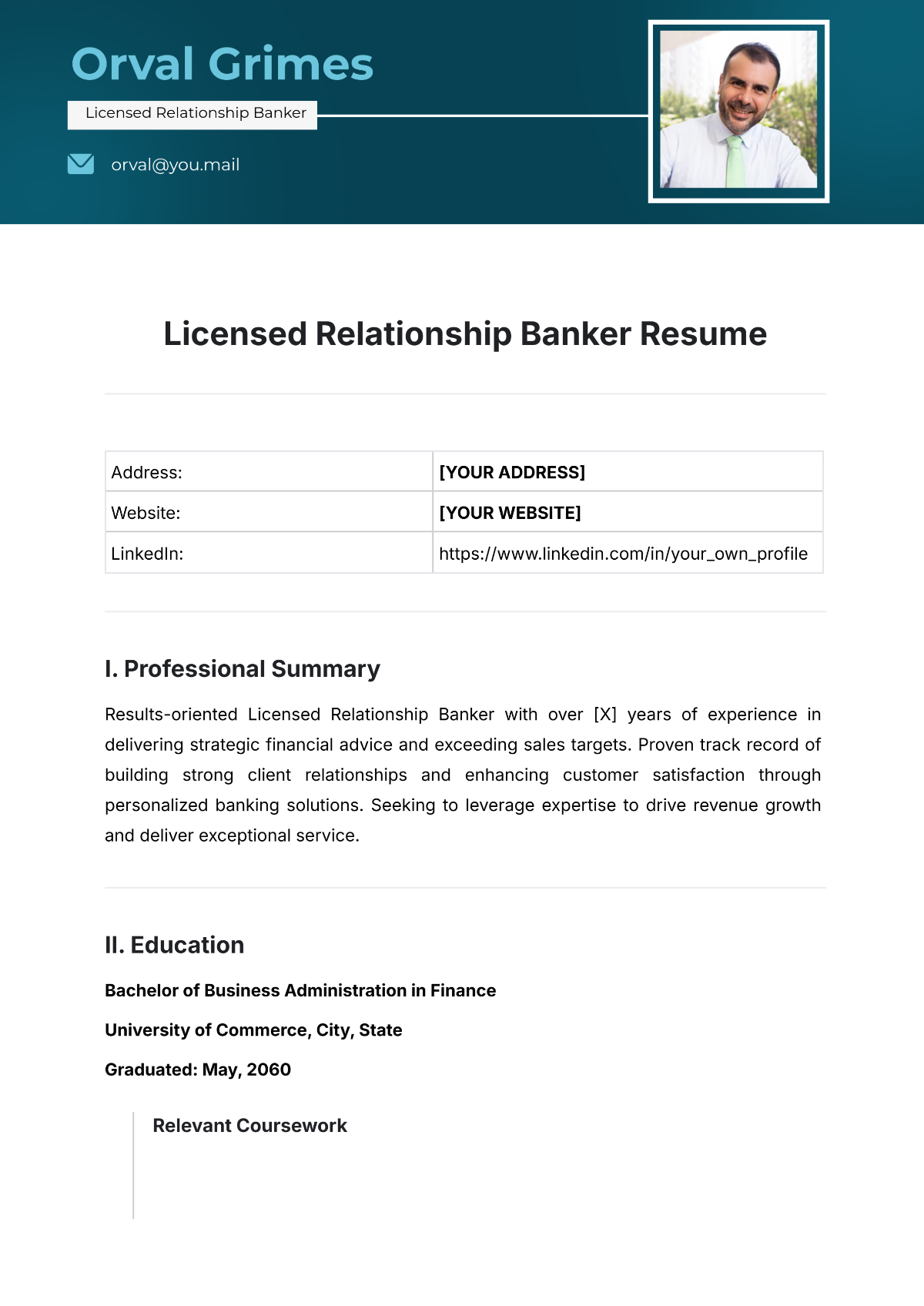 Licensed Relationship Banker Resume Template - Edit Online & Download