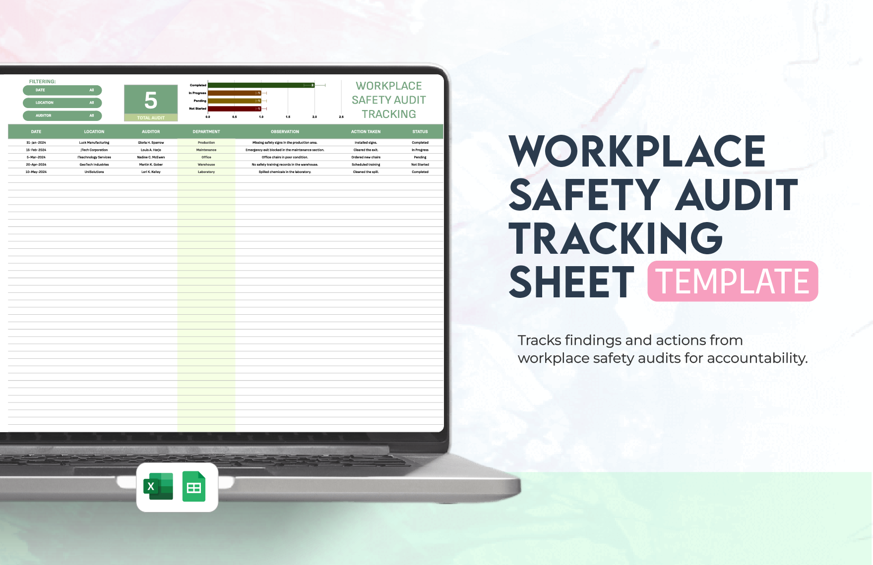 Workplace Safety Audit Tracking Sheet Template in Excel, Google Sheets