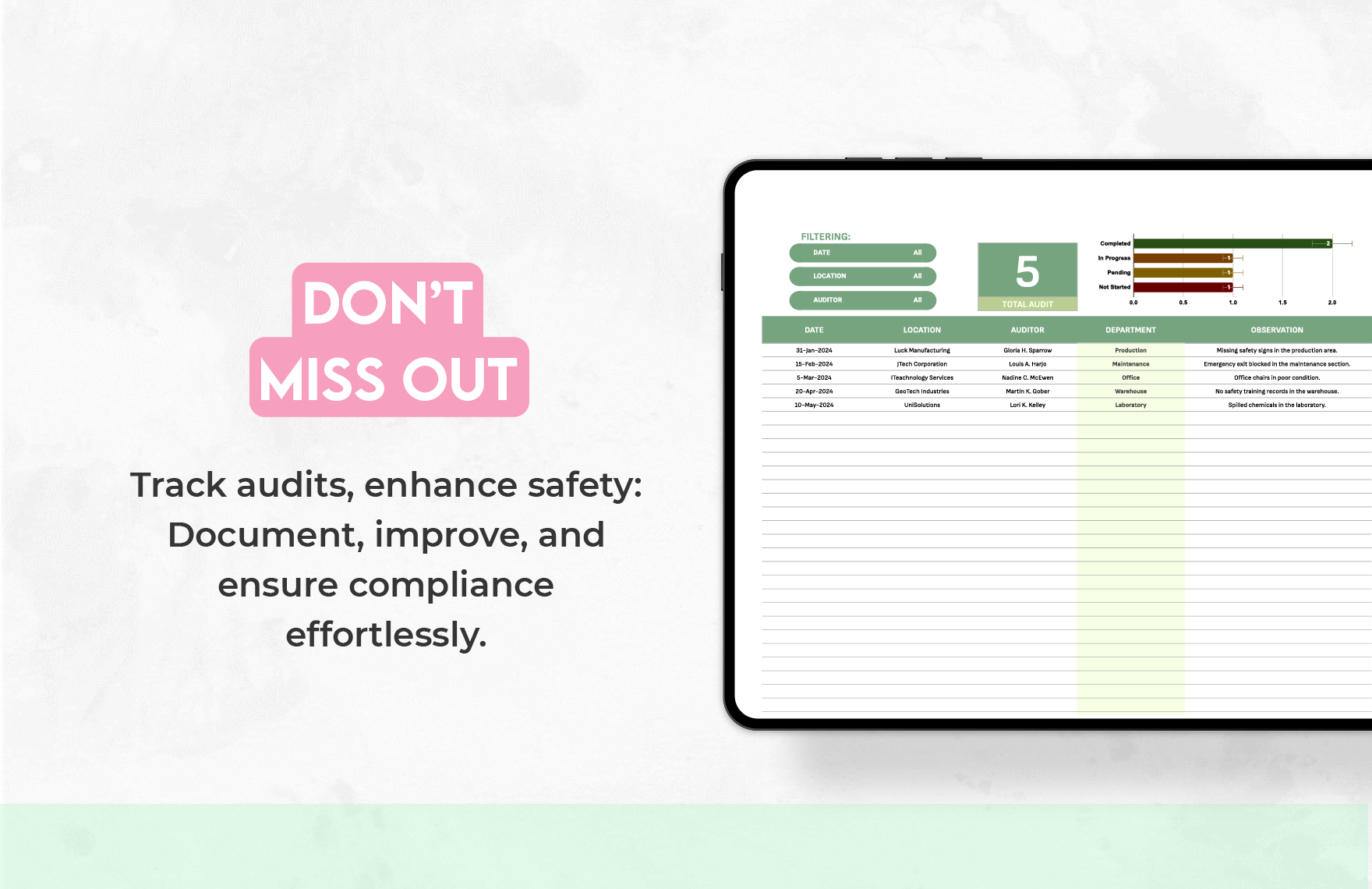 Workplace Safety Audit Tracking Sheet Template
