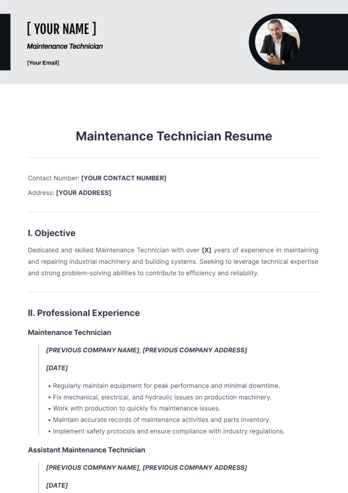 Maintenance Technician Resume - Edit Online & Download