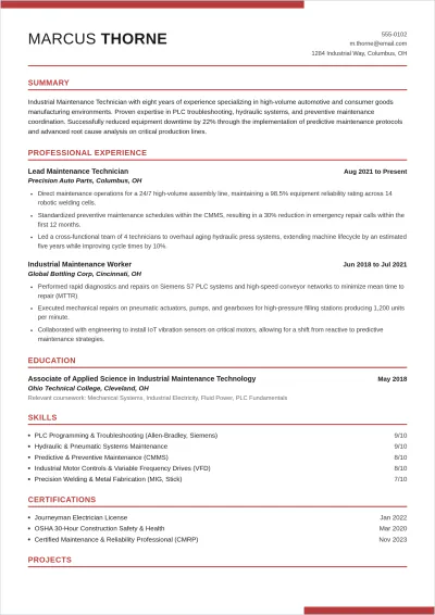 Free Industrial Maintenance Worker ATS Resume Template